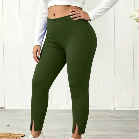 Karymi Pants for Women, Plus Size Solid Split Hem Leggings, Elastic High Waist Yoga Pants, Casual Workout Slim Fit Ankle Length Trousers