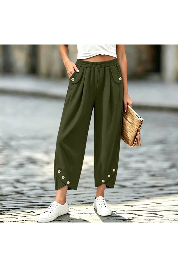 Pants for Women, Solid Elastic High Waist Cropped Harem Pants, Button Decor Split Ankle Loose Jogger Trousers with Button Flap Side Pockets