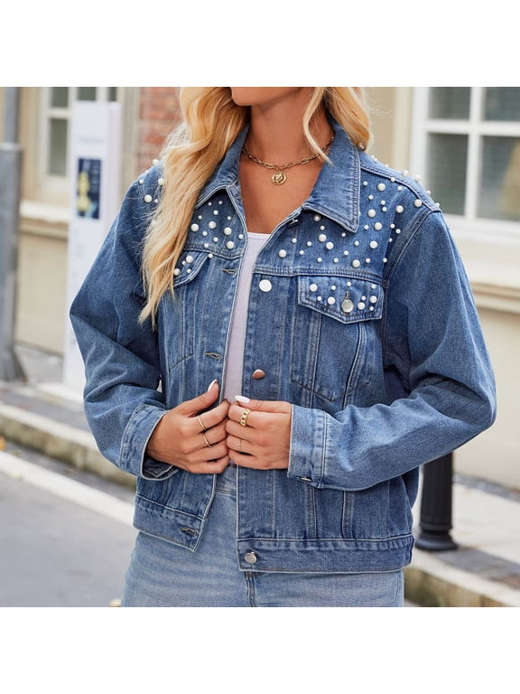 Karymi Pearl Embellished Jean Jacket Women, Lapel Collar Button‑Down Long Sleeve with Flap Pockets