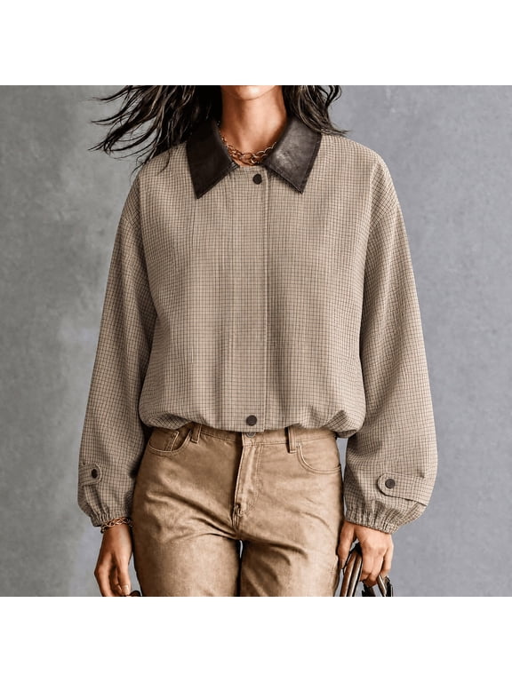 Karymi Plaid Cropped Jackets for Women, Long Sleeve Casual Jacket with Contrast Faux Leather Collar, Elastic Cuffs with Buttons