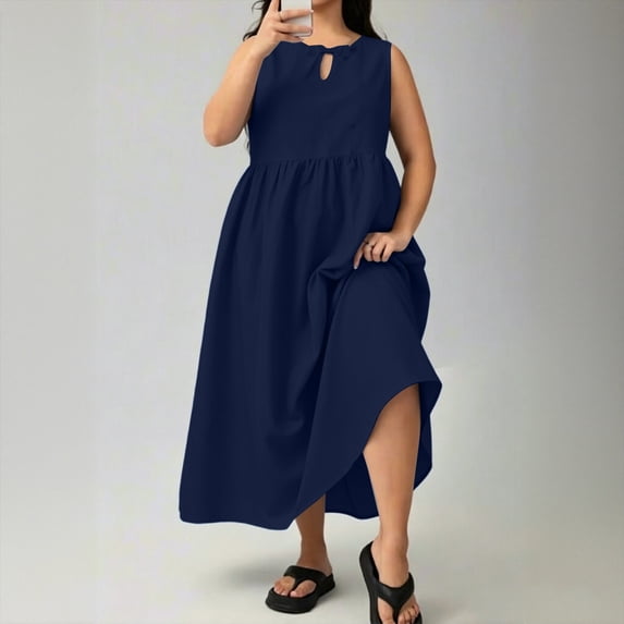 Karymi Plus Size Bow Keyhole Sleeveless Midi Dress, High Waist A-Line Casual Flowy Summer Dress with Pockets Easter Dress