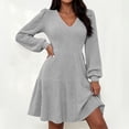thumbnail image 1 of Karymi Plus Size Dresses Brushed Ribbed Knit Mini Dress Deep V Neck Lantern Long Sleeve High Waist Flared Ruffle Hem Casual Fall Short Dress, 1 of 8