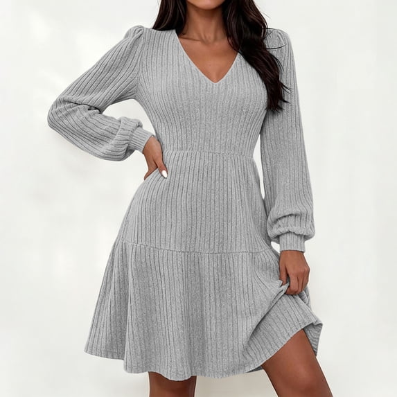 Karymi Plus Size Dresses Brushed Ribbed Knit Mini Dress Deep V Neck Lantern Long Sleeve High Waist Flared Ruffle Hem Casual Fall Short Dress