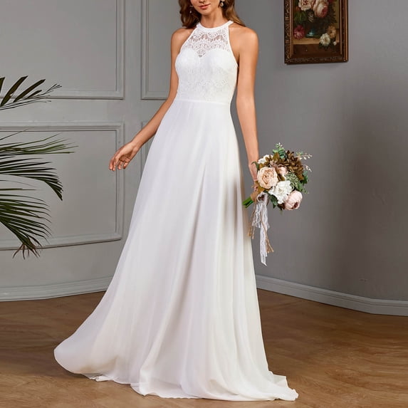 Karymi Plus Size Dresses Halter Lace Chiffon Wedding Dress, Sleeveless High Neck Floral Lace Bodice A Line Flowy Floor Length Bridal Gown For Beach Wedding Summer Dresses for Women 2026