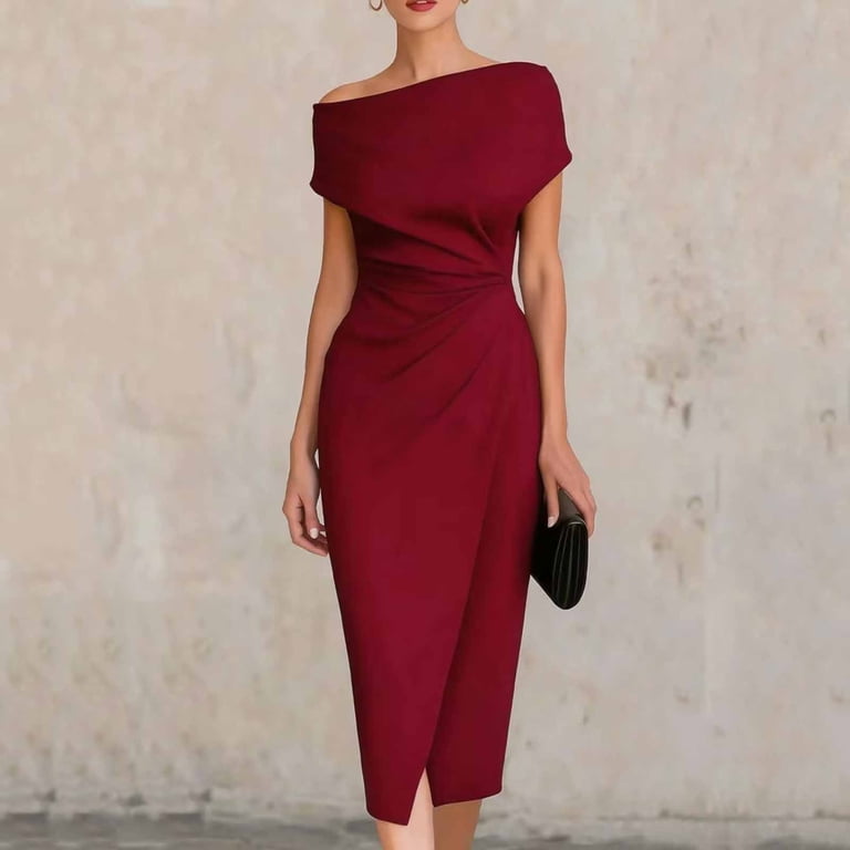 bodycon dress bd Karymi Wedding Guest Dresses for Women One Shoulder Ruched Midi Dress, Elegant Solid Asymmetrical Neckline with Slit, Formal Cocktail & Størrelse:XXL Dolkfu Shift Fall&Winter Dresses including work Maiko Dress