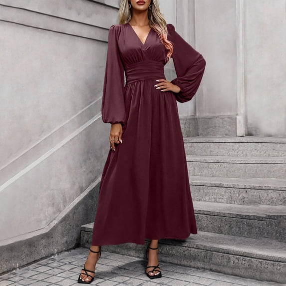 Karymi Plus Size Dresses Satin Wrap V Neck Maxi Dress, Long Balloon Lantern Sleeve Ruched Empire Waist Flowy A Line Long Dress