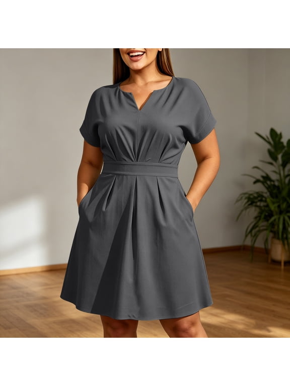 Plus Size Notch V-Neck A-Line Dress, Short Sleeve Waist Pleated Flare Dress with Pockets, Solid Casual Work Dress Maxi Dress