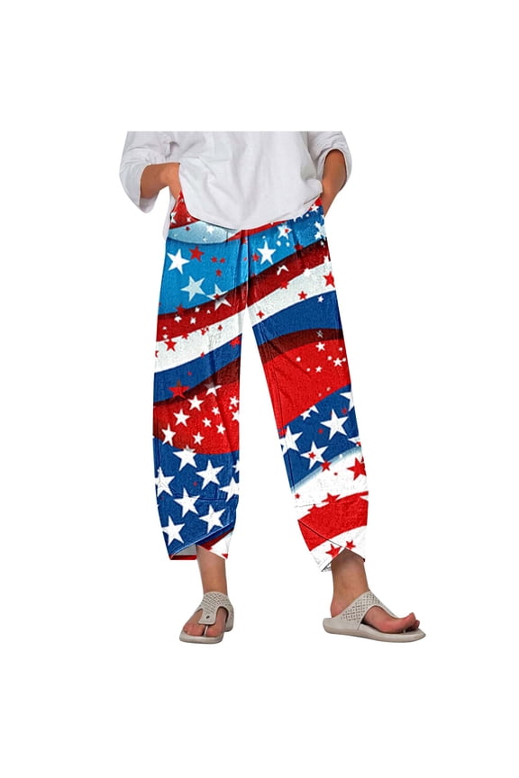 Plus Size Pants Casual Straight-Leg Star Print Cropped Lounge Fashion Cropped Trousers Loose Quick Dry Independence Day Cropped Pants Comfy Women Pants