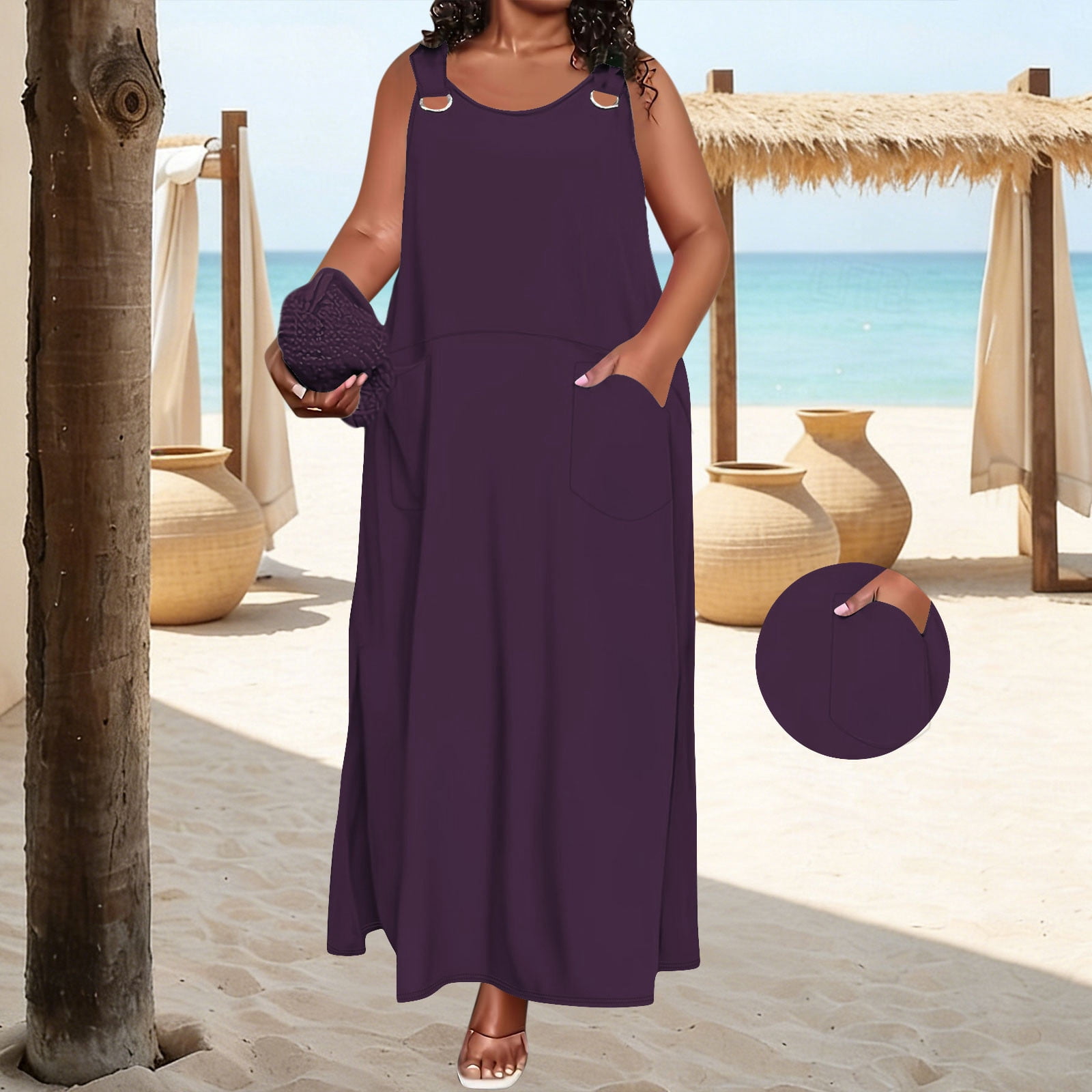 Karymi Plus Size Solid Color Sleeveless Maxi Dress, Casual Scoop Neck Overall Style Long Dress with Pockets, Loose Flowy Summer Dress Summer Dresses 