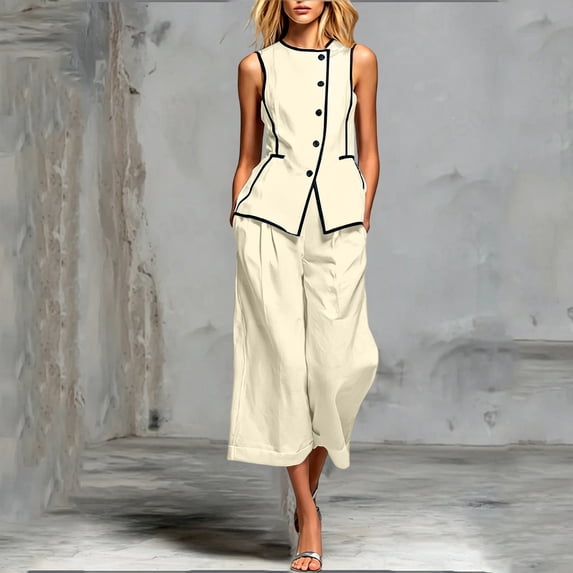 Karymi Plus Size Tops for Women 2 Piece Contrast Piping Outfit Set, Crew Neck Sleeveless Button Vest Top+Pleated Cuffed Cropped Wide Leg Capri Pants with Pockets Shirts for Women