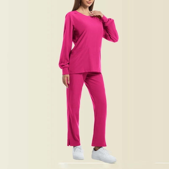 Karymi Plus Size Tops for Women 2 Piece Medical Scrub Uniform Set, Crew Neck Long Sleeve Top with Front Pocket+Drawstring Waist Pants with Side Slit Ankle Hem Shirts for Women