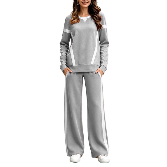 Karymi Plus Size Tops for Women Color Block 2 Piece Tracksuit Set, Crew Neck Long Sleeve Loose Pullover Top, Elastic Drawstring Waist Side Stripe Wide Leg Long Pants Workout Tops for Women