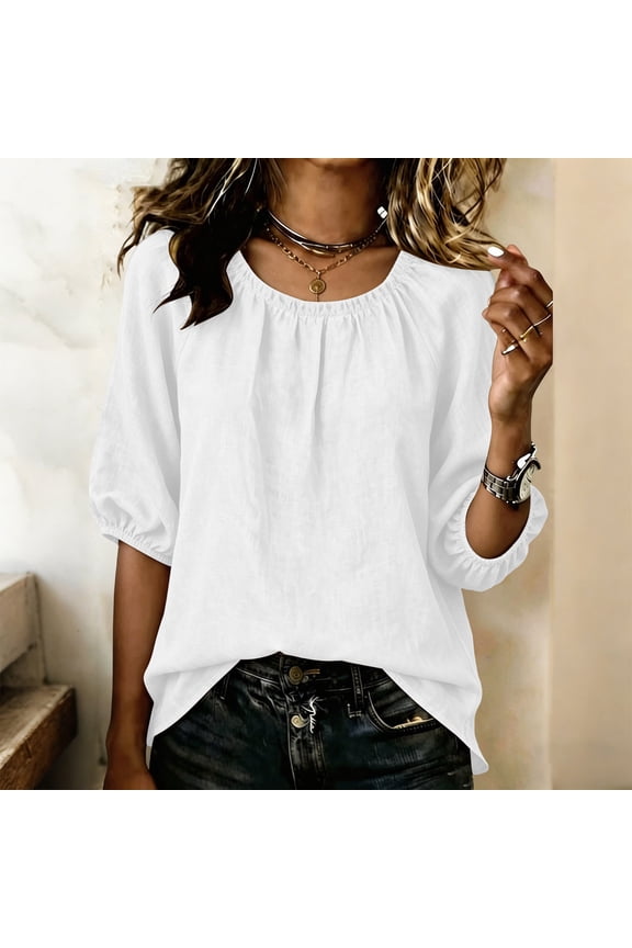Plus Size Tops for Women Gathered Crew Neck 3/4 Puff Sleeve Blouse,Casual Linen‑Cotton Blend Loose‑Fit Top,Elastic Cuffs Shirt Workout Tops for Women