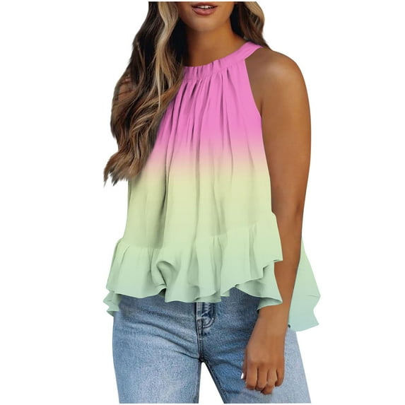 Karymi Plus Size Tops for Women Ombre Gradient Halter Neck Sleeveless Blouse for Women, Gathered Pleated Ruffle Hem Flowy Tank Top, Summer Top Short Sleeve Shirts for Women