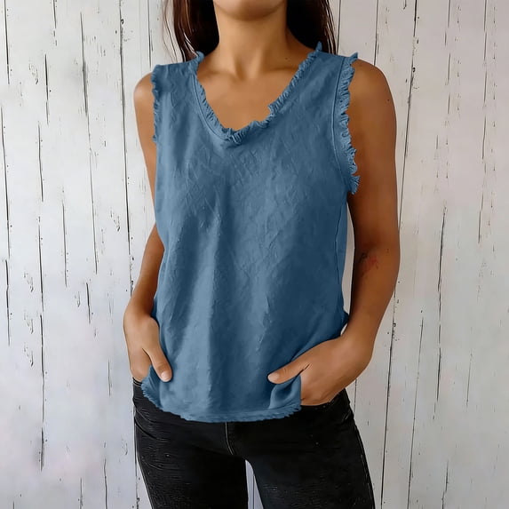 Karymi Plus Size Tops for Women Solid Ruffled Trim Curved V‑Neck Crinkled Textured Sleeveless Tank Top, All‑Around Ruffled Edge Detail Vest Womens Tops