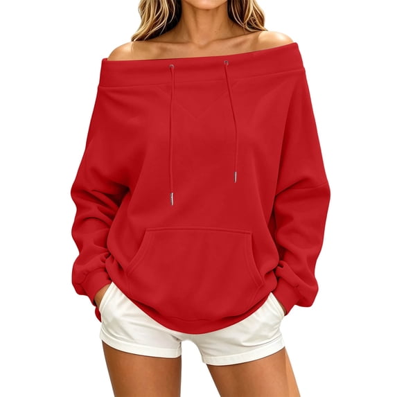 Karymi Plus Size Tops for Women Solid Off the Shoulder Hoodie, Oversized Long Sleeve Loose Pullover Sweatshirt with Front Kangaroo Pocket for Autumn Winter