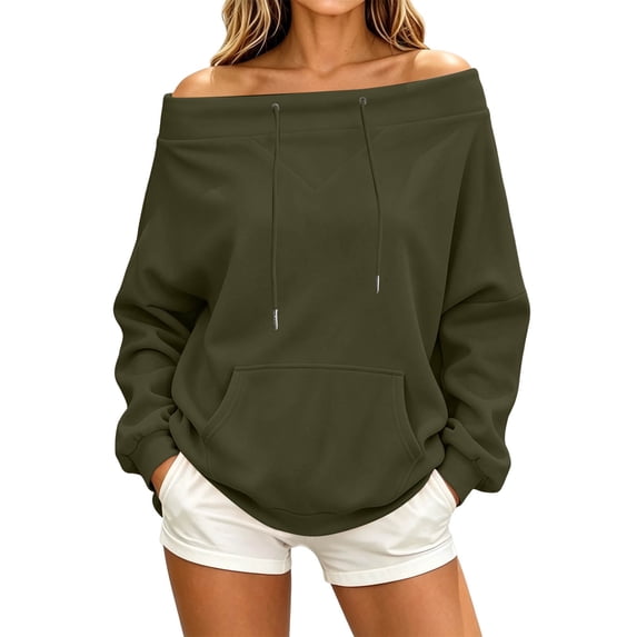 Karymi Plus Size Tops for Women Solid Off the Shoulder Hoodie, Oversized Long Sleeve Loose Pullover Sweatshirt with Front Kangaroo Pocket for Autumn Winter
