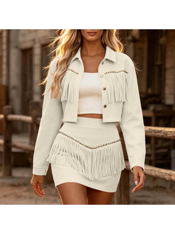 Plus Size Tops for Women Western Fringe Two Piece Outfit Set, Lapel Long Sleeve Cropped Jacket, High Waist Fringe Mini Skirt, Casual Cowgirl Matching Suit