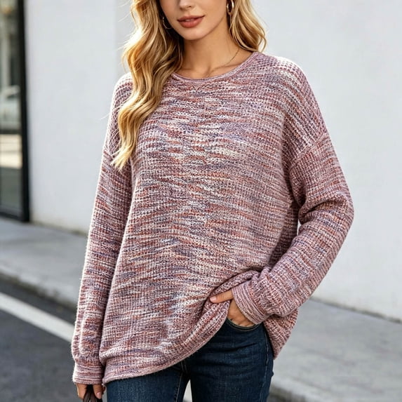 Karymi Plus Size Tops for Women, Crew Neck Long Sleeve Sweater, Multicolor Marled Heather Waffle Knit Loose Fit Pullover Top for Fall Winter