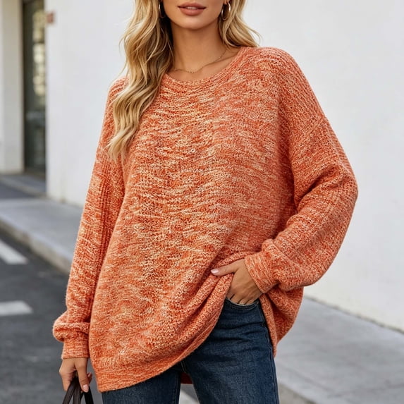 Karymi Plus Size Tops for Women, Crew Neck Long Sleeve Sweater, Multicolor Marled Heather Waffle Knit Loose Fit Pullover Top for Fall Winter
