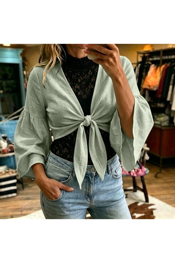 Plus Size Tops for Women Front Tie Knot Cropped Cardigan, Flare Bell Sleeve Open Front Wrap Short Cover Up Blouse Womens Workout Tops