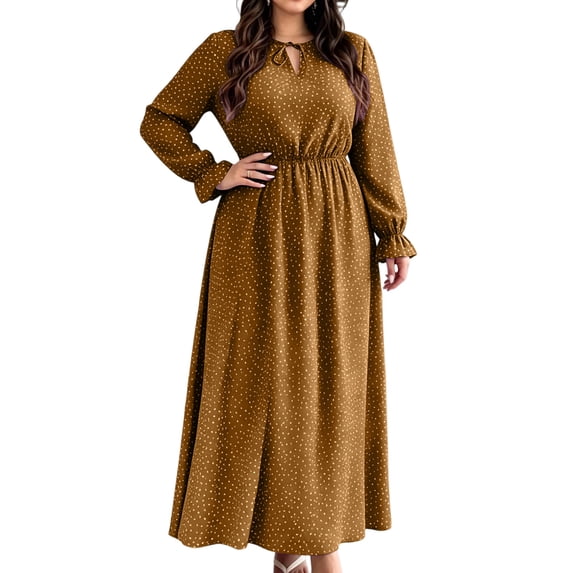 Karymi Polka Dot Print Midi Maxi Dress, Tie Keyhole Crew Neck Long Ruffle Cuff Sleeve Dress, Elastic Ruched Waist Plus Size Sundress Easter Dresses for Women