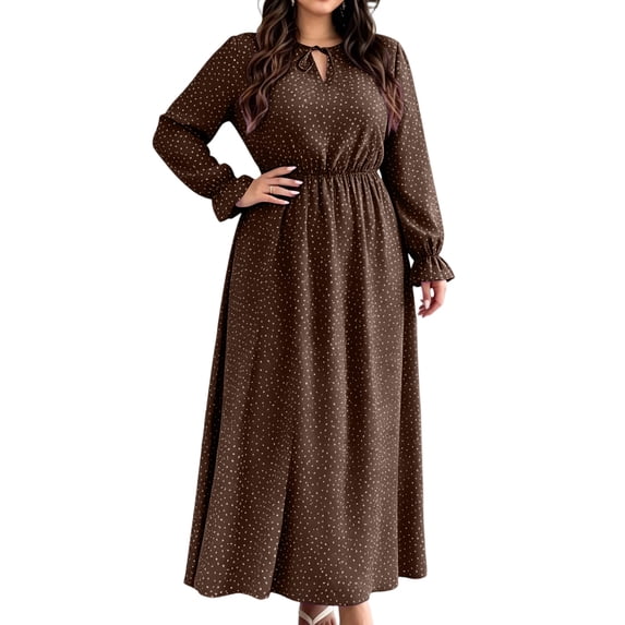 Karymi Polka Dot Print Midi Maxi Dress, Tie Keyhole Crew Neck Long Ruffle Cuff Sleeve Dress, Elastic Ruched Waist Plus Size Sundress Summer Dresses for Women