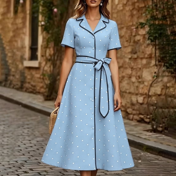 Karymi Polka Dot Print Vintage Midi Dress, Lapel V Neck Short Sleeve Contrast Trim Button Front A-Line Dress with Self Tie Belted Waist Easter Dress