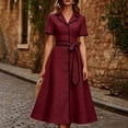 thumbnail image 1 of Karymi Polka Dot Print Vintage Midi Dress, Lapel V Neck Short Sleeve Contrast Trim Button Front A-Line Dress with Self Tie Belted Waist Sundress, 1 of 7