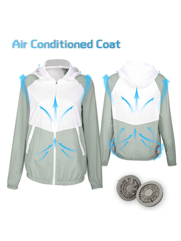 Karymi Rain Coats for Women Men Women Cooling Fan Jacket, Color Block Zip Up Hooded Air Conditioning Work Coat, Outdoor Jacket with Zipper Pockets Going Out Tops