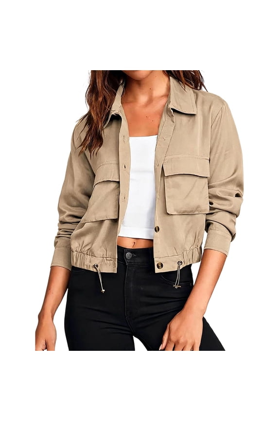 Karymi Rain Coats for Women Solid Collared Button Down Utility Jacket, Adjustable Roll Tab Long Sleeve Drawstring Hem Cropped Coat with Big Flap Cargo Pockets Rain Jacket Women