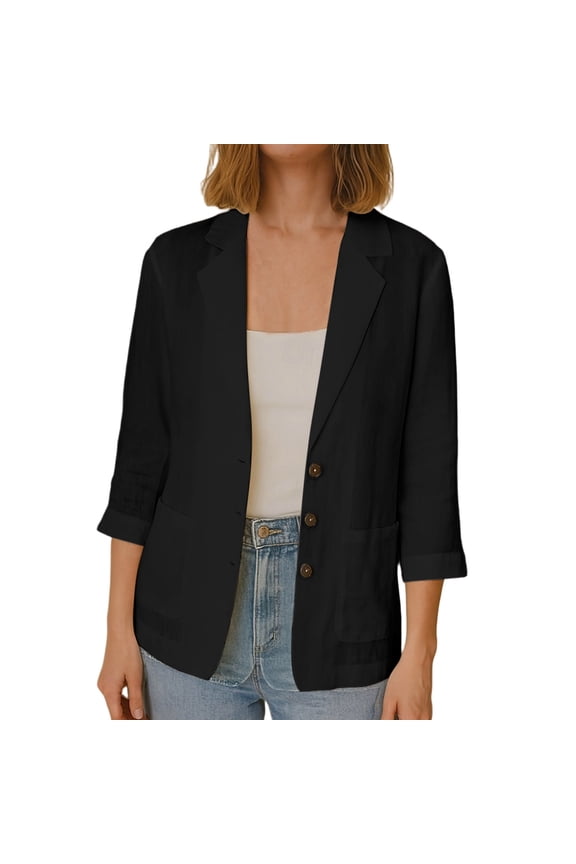 Karymi Rain Coats for Women Solid Linen Blend 3/4 Rolled Sleeve Blazer Jacket, Lapel Three Button Open Front Casual Suit Coat with Patch Side Pockets Rain Coats for Women