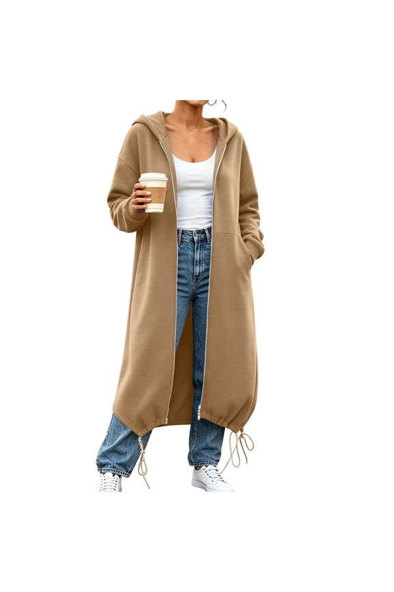 Karymi Rain Coats for Women Solid Long Hooded Zip Up Sweatshirt Cardigan, Long Sleeve Double Zipper Drawstring Hem Oversized Coat with Side Hand Pockets Rain Jacket