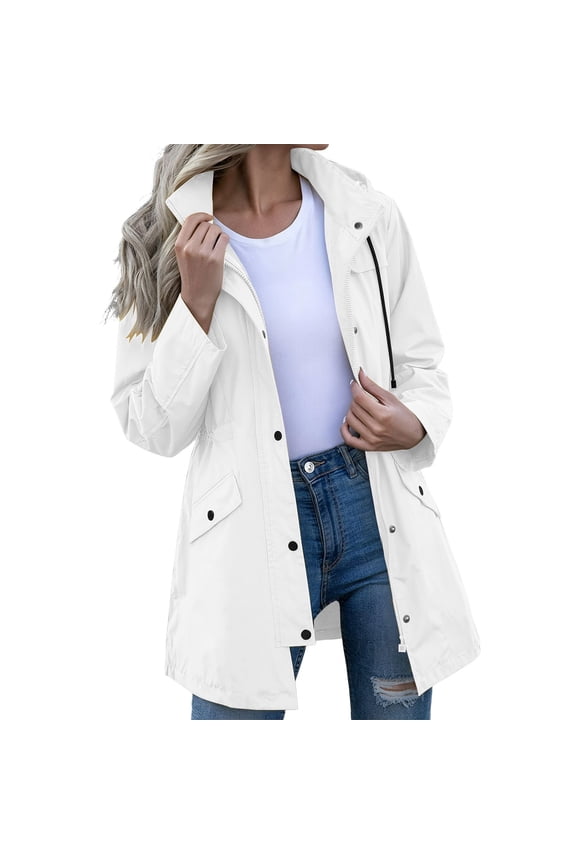 Karymi Rain Coats for Women Solid Long Length Hooded Rain Trench Coat, Long Sleeve Adjustable Cuff Cargo Jacket, Drawstring Waist Mid-Long with Flap Pockets Rain Coats for Women