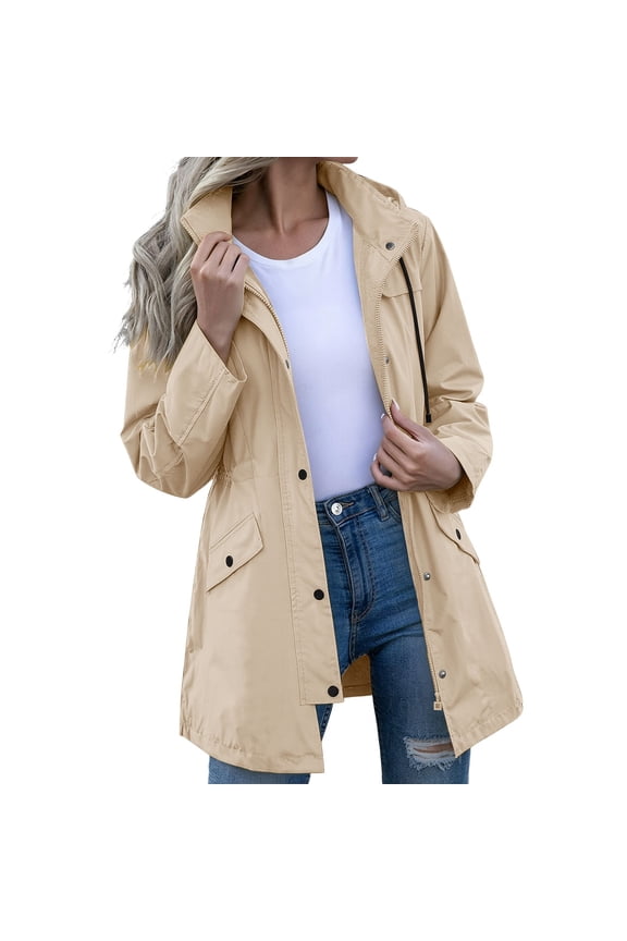 Karymi Rain Coats for Women Solid Long Length Hooded Rain Trench Coat, Long Sleeve Adjustable Cuff Cargo Jacket, Drawstring Waist Mid-Long with Flap Pockets Rain Coats for Women