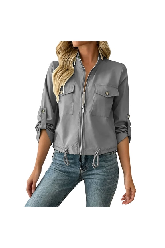 Karymi Rain Coats for Women Solid Stand Collar Zip Up Utility Jacket, Adjustable Roll Tab Long Sleeve Drawstring Hem Cropped Coat, with Snap Flap Cargo Pockets Rain Jacket Women