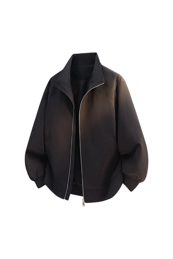 Karymi Rain Coats for Women Unisex Solid Spliced Panel Long Sleeve Zip Up Stand Collar Jacket, Elastic Rib Cuffs Hem Windproof Baseball Coat with Pocket Rain Jacket