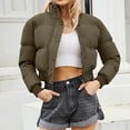 thumbnail image 1 of Karymi Rain Coats for Women Solid Stand Collar Cropped Puffer Jacket, Zip & Snap Button Closure Long Sleeve Quilted Warm Short Winter Bomber Coat, 1 of 9