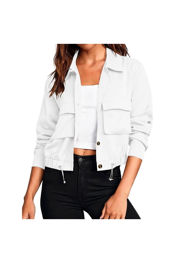 Karymi Rain Jacket Collared Button Down Utility Jacket, Adjustable Roll Tab Long Sleeve Drawstring Hem Cropped Coat, with Large Flap Cargo Pockets Jackets for Women