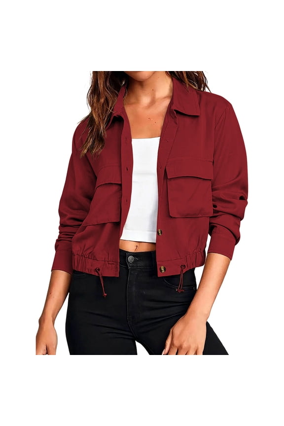 Karymi Rain Jacket Collared Button Down Utility Jacket, Adjustable Roll Tab Long Sleeve Drawstring Hem Cropped Coat, with Large Flap Cargo Pockets Rain Coats for Women