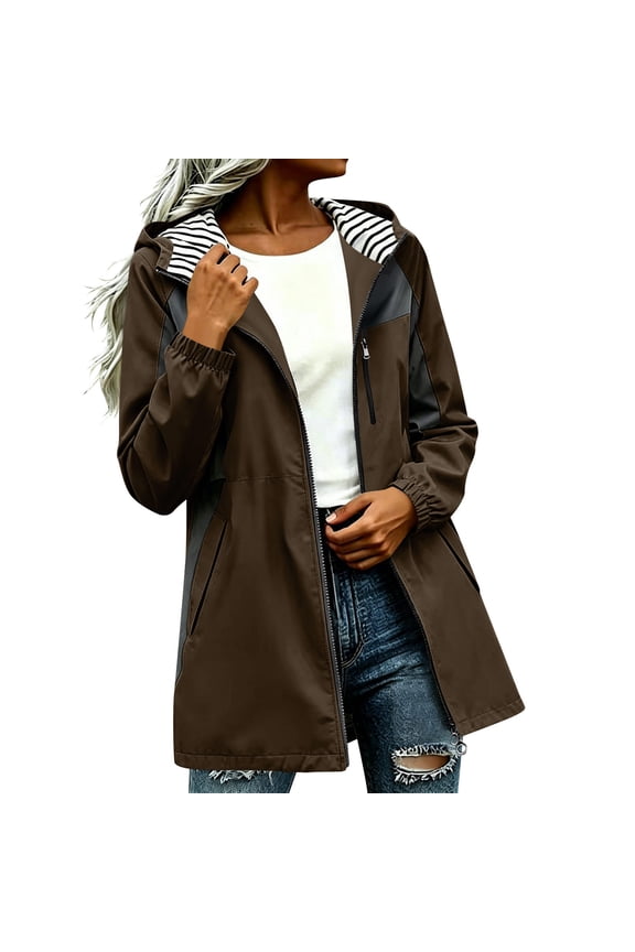 Karymi Rain Jacket Color Block Hooded Rain Jacket, Long Sleeve Elastic Cuff Windbreaker Coat, Mid-Length Full Zip with Striped Lining & Side Zipper Pockets Jackets for Women