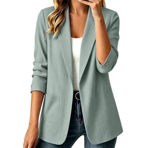 Karymi Rain Jacket Open Front Linen Blazer, Notched Lapel Long Sleeve Roll Tab Casual Suit Jacket, Solid Coat with Side Pockets Rain Coats for Women