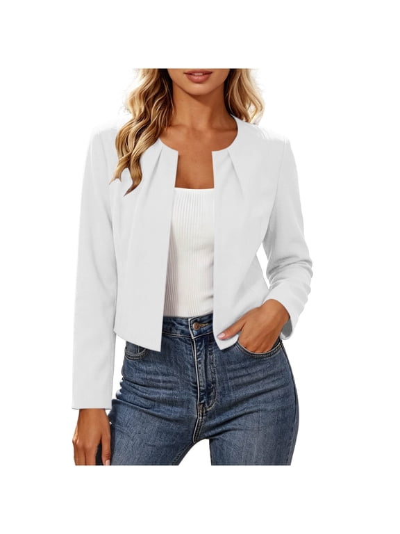 Karymi Rain Jacket Solid Crew Neck Pleated Open Front Blazer Jacket, Long Sleeve Slim Fit Cropped Suit Coat Rain Jacket