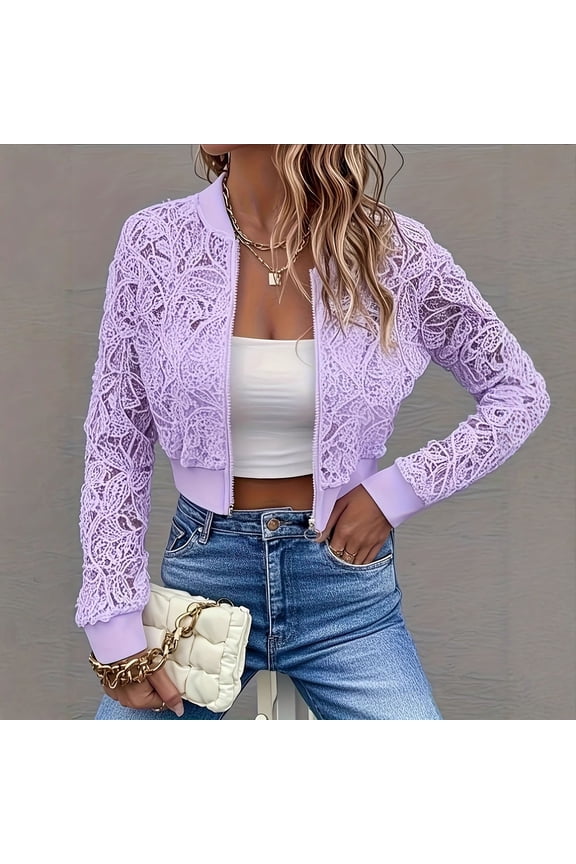 Karymi Rain Jacket Solid Floral Lace Cropped Zip Up Jacket, Stand Collar Long Sleeve Sheer Lace Bomber Cardigan Coat, Layering Outer Top Rain Jacket