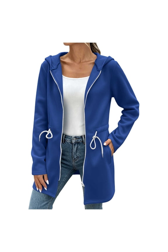 Karymi Rain Jacket Solid Hooded Zip Up Mid-Length Sweatshirt Coat, Long Sleeve Drawstring Waist Cardigan with Side Hand Pockets Rain Jacket