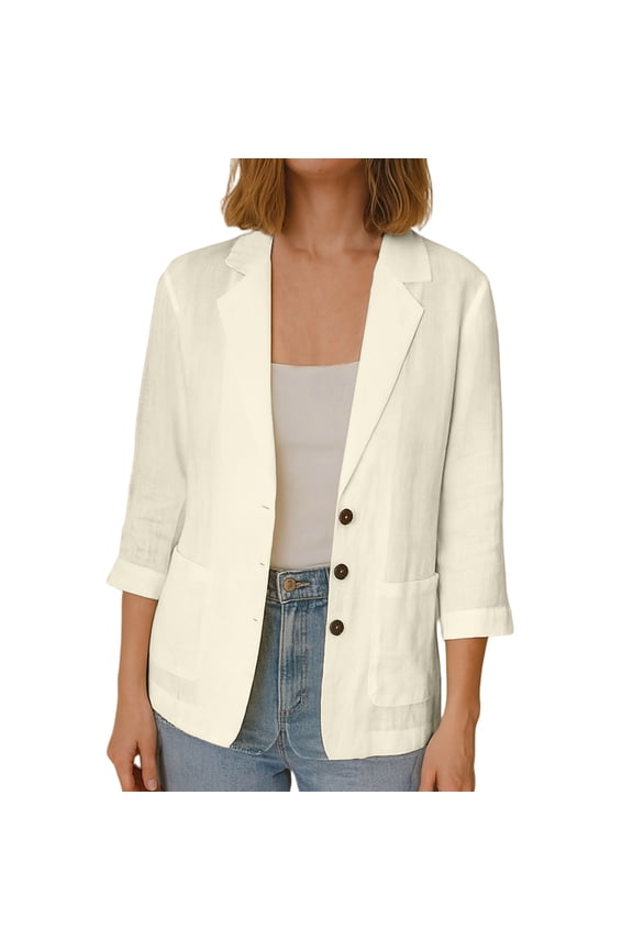Karymi Rain Jacket Solid Linen Blend 3/4 Rolled Sleeve Blazer Jacket, Lapel Three Button Open Front Casual Suit Coat with Patch Side Pockets Rain Jacket