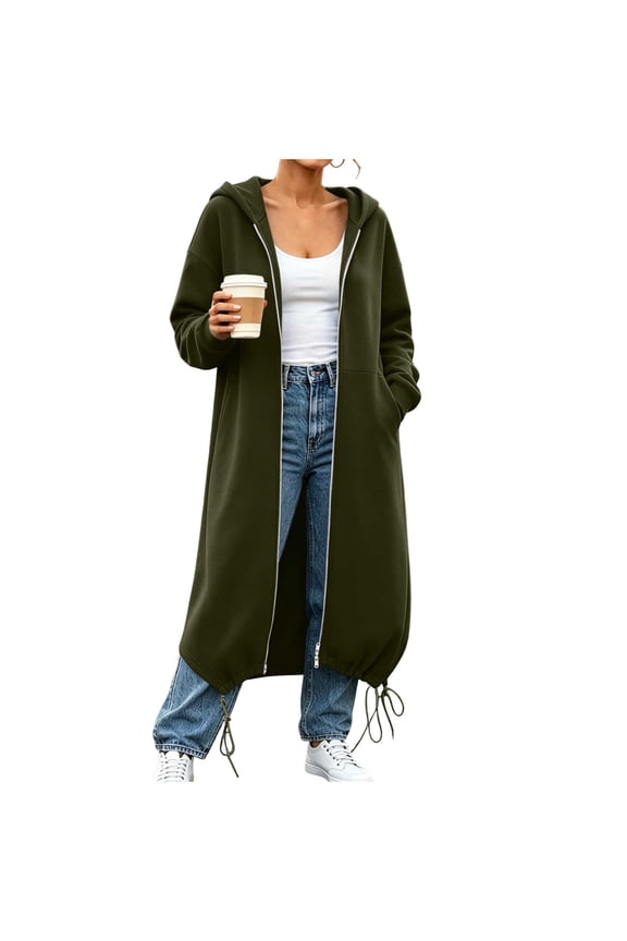 Karymi Rain Jacket Solid Long Hooded Zip Up Sweatshirt Cardigan, Long Sleeve Double Zipper Drawstring Hem Oversized Coat with Side Hand Pockets Rain Jacket