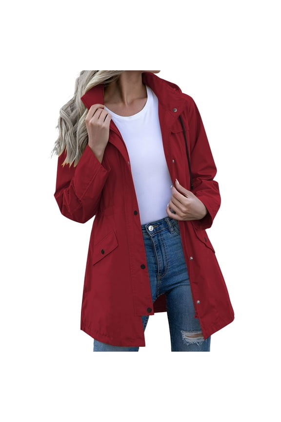 Karymi Rain Jacket Solid Long Length Hooded Rain Trench Coat, Long Sleeve Adjustable Cuff Cargo Jacket, Drawstring Waist Mid-Long with Flap Pockets Rain Coats for Women