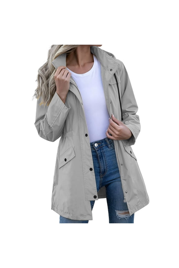Karymi Rain Jacket Solid Long Length Hooded Rain Trench Coat, Long Sleeve Adjustable Cuff Cargo Jacket, Drawstring Waist Mid-Long with Flap Pockets Rain Jacket