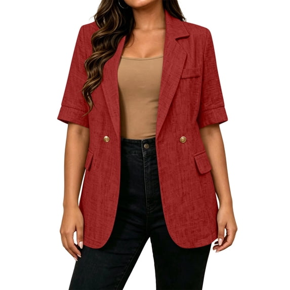 Karymi Rain Jacket Solid Short Sleeve Blazer Jacket, Lapel Double Gold Button Open Front Suit Slim Fit Coat with Fake Flap Pockets Rain Coats for Women